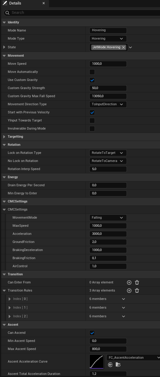 Unreal details panel for the Hovering jet movement mode, showing movement, rotation, energy, movement settings, transition rules and ascent curves