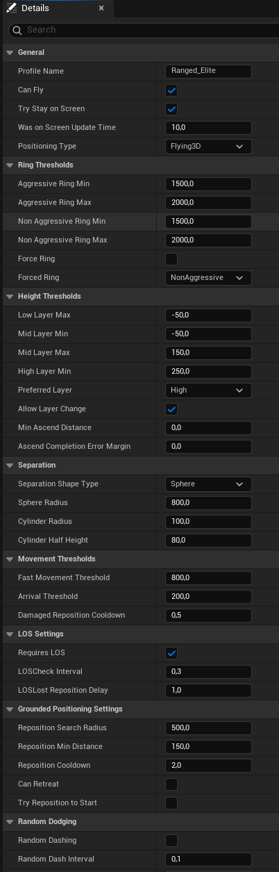 Unreal details panel for the Ranged Elite positioning profile, showing ring thresholds, height thresholds, separation, movement thresholds and line-of-sight settings